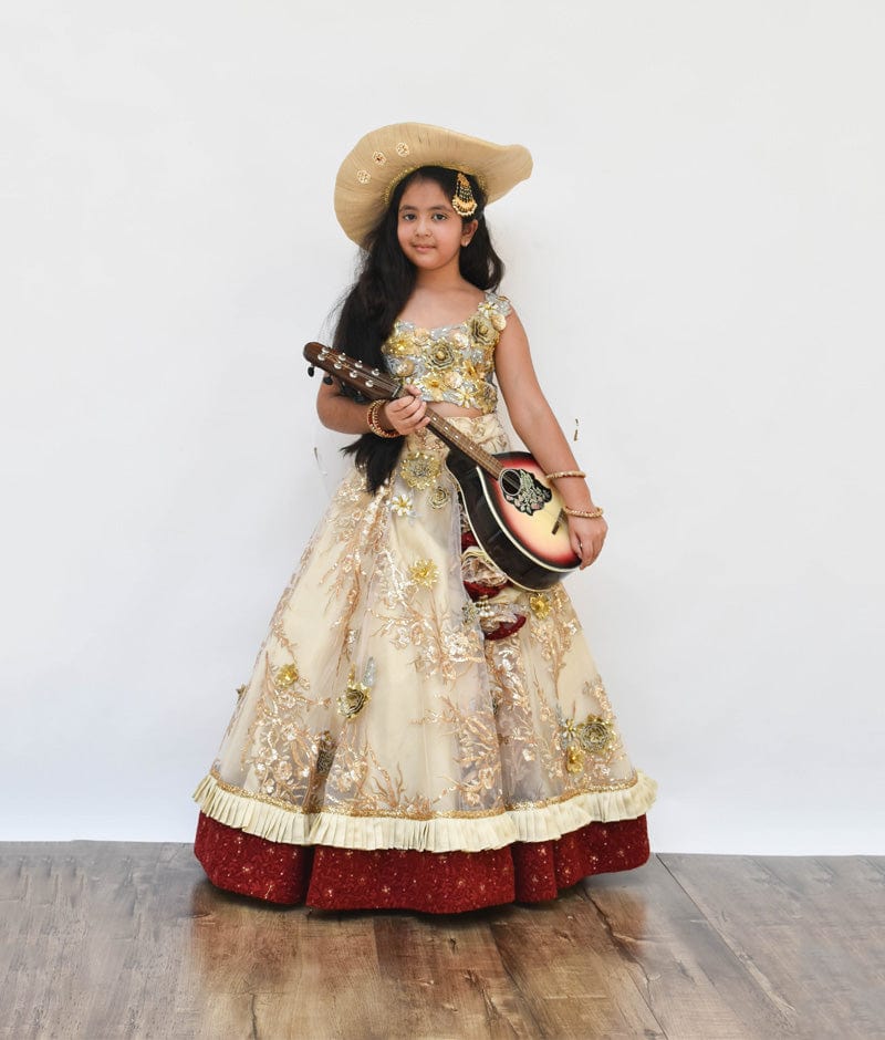 Golden Embroidery Choli with Lehenga for Girls