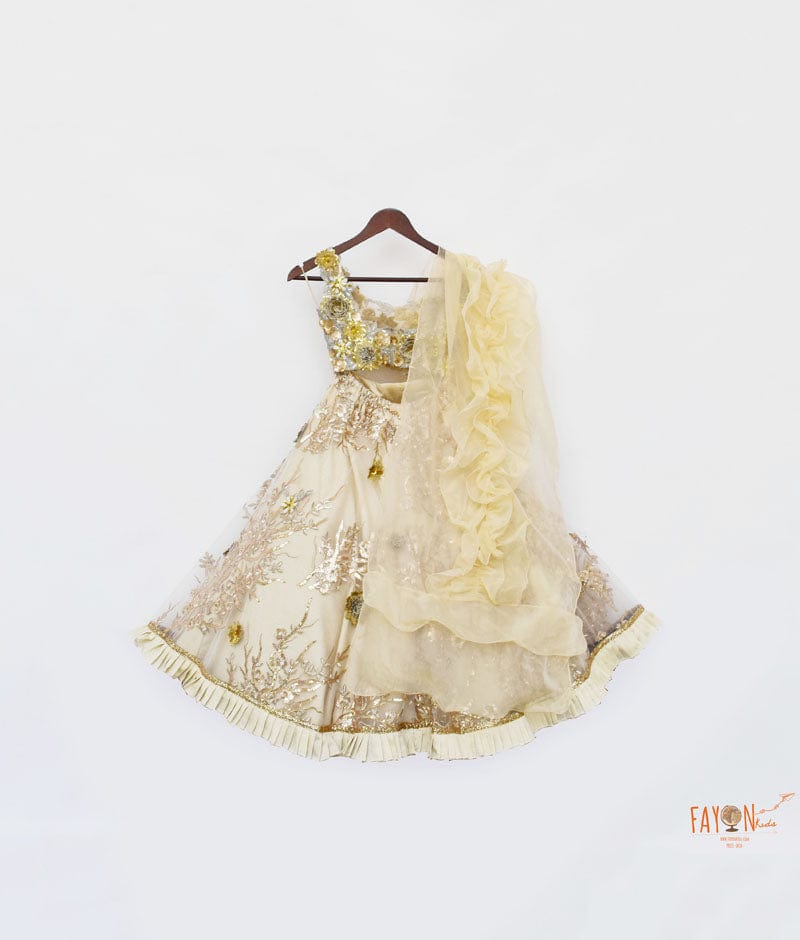 Shop Golden Embroidery Lehenga with 3D Flowers Choli Organza Dupatta for Girls