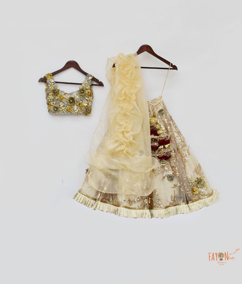 Shop Golden Embroidery Lehenga with 3D Flowers Choli Organza Dupatta for Girls
