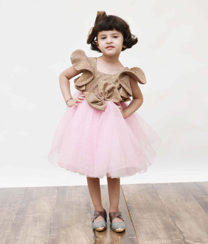 Golden Shimmer Pink Glitter Net Frock for Girls