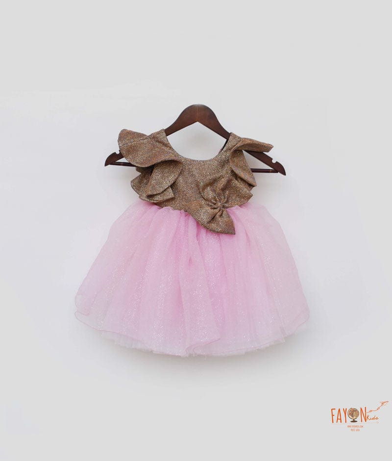 Golden Shimmer Pink Glitter Net Frock for Girls
