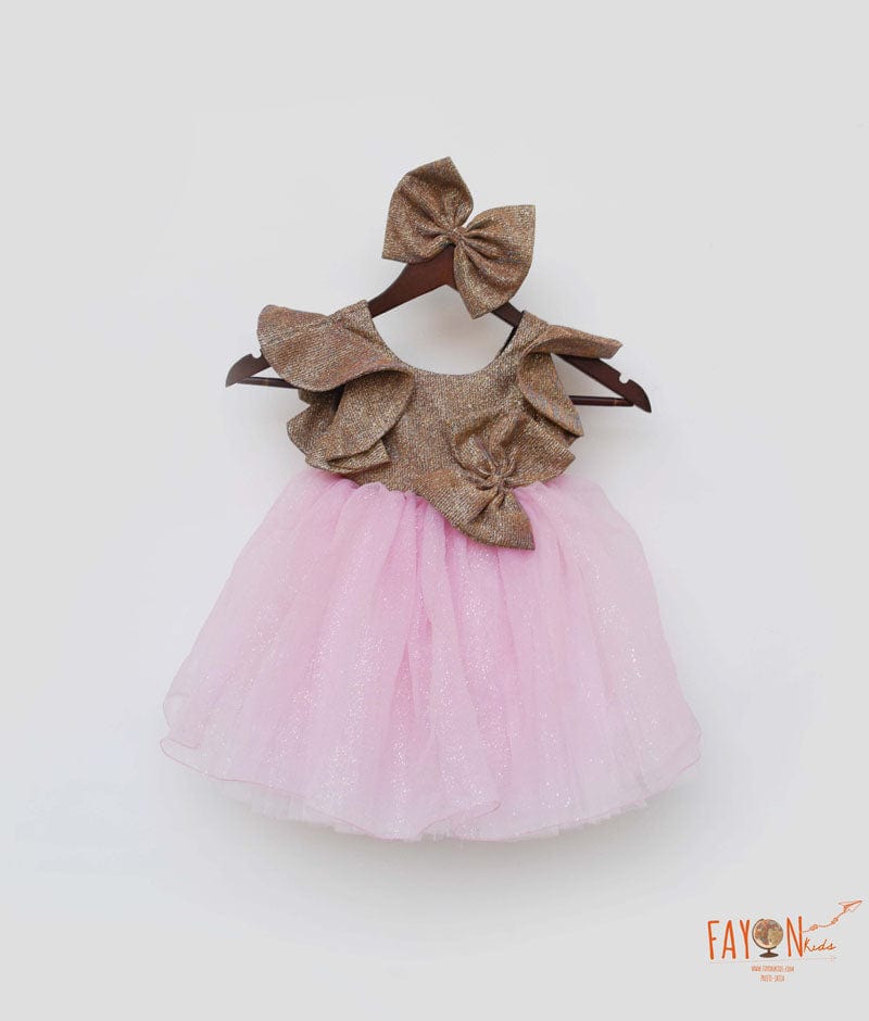 Golden Shimmer Pink Glitter Net Frock for Girls