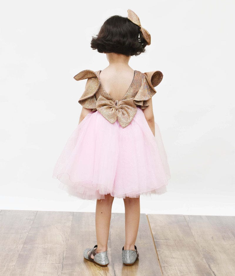 Golden Shimmer Pink Glitter Net Frock for Girls