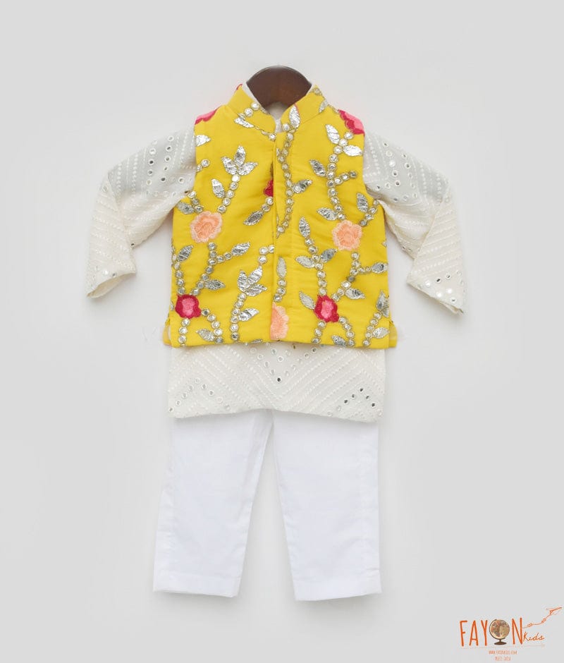 Gotta Embroidery Jacket and White Mirror Kurta Pant for Boys