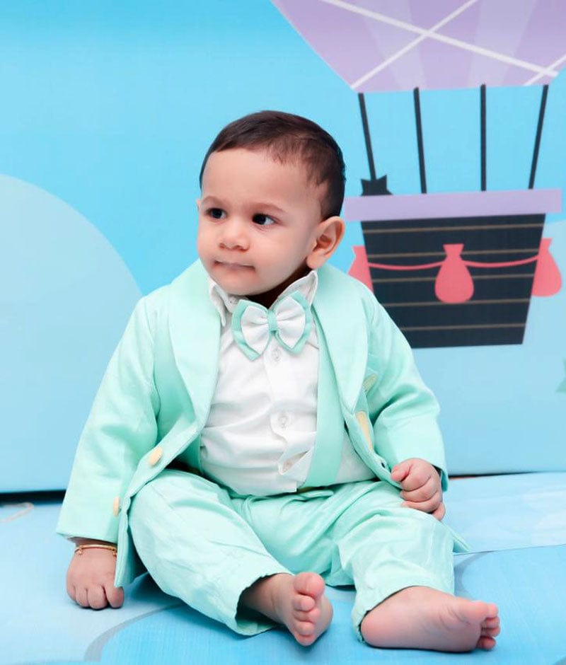 Green Ballons Motif Coat with White Shirt Pant for Boys