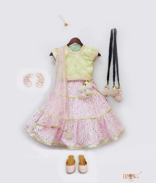 Green Choli with Pink Floral Lehenga Boti Net Dupatta for Girls