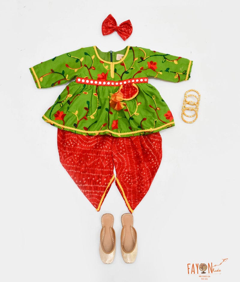 Green Embroidery Peplum with Red Dhoti for Girls