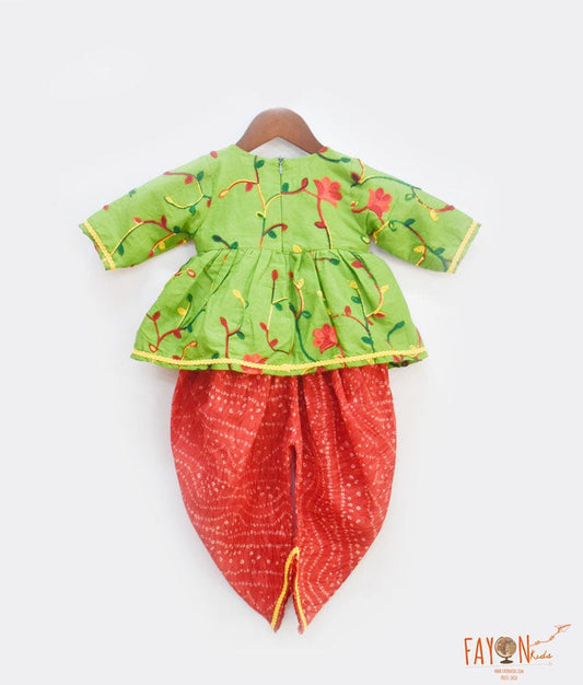 Green Embroidery Red Printed Dhoti Set for Girls