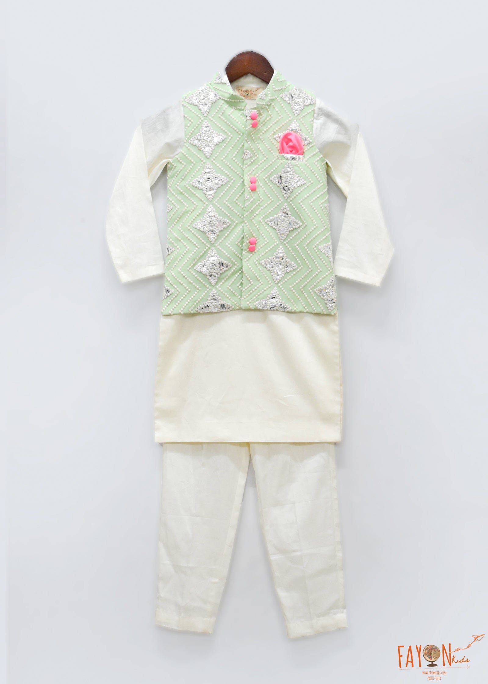 Green Gota Embroidery Nehru Jacket Kurta Pant for Boys