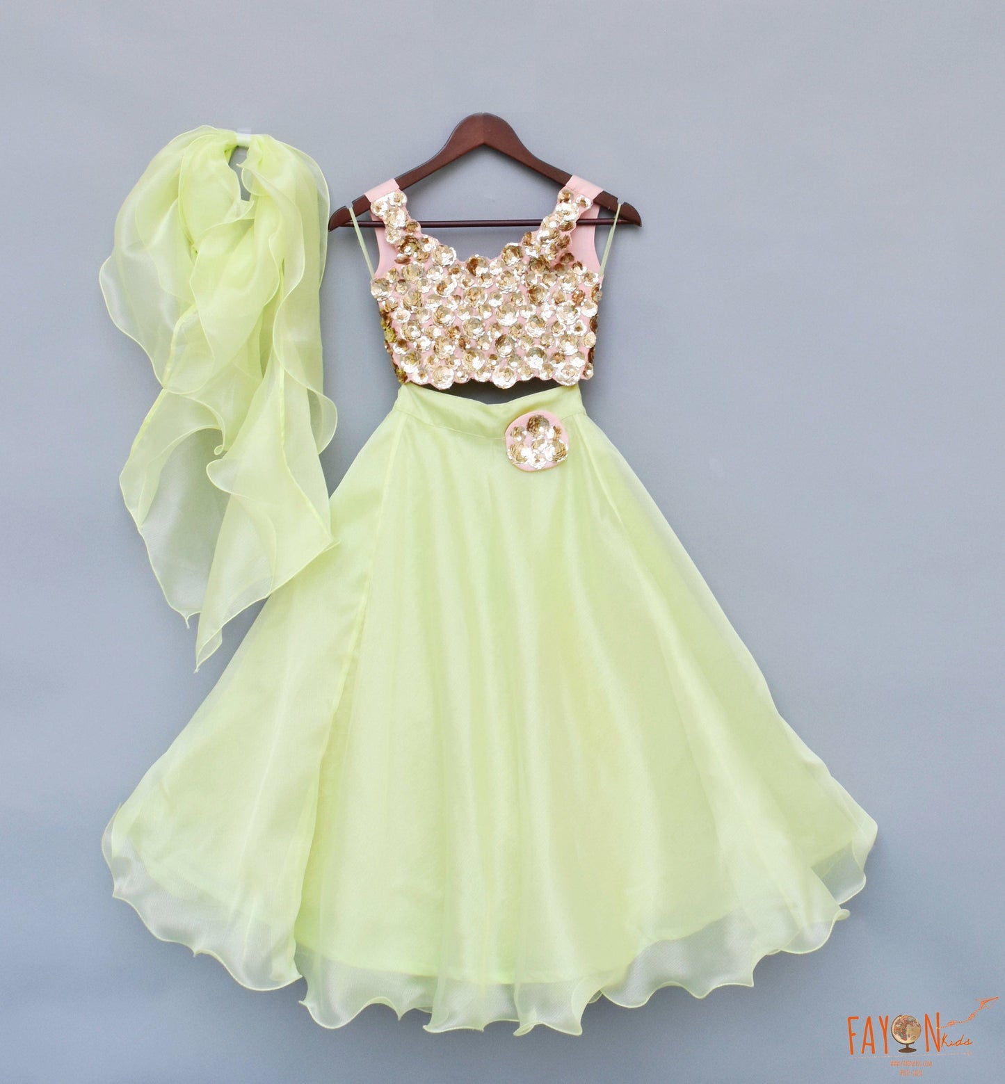 Green Organza Lehenga with 3D Flowers Choli Organza Dupatta for Girls