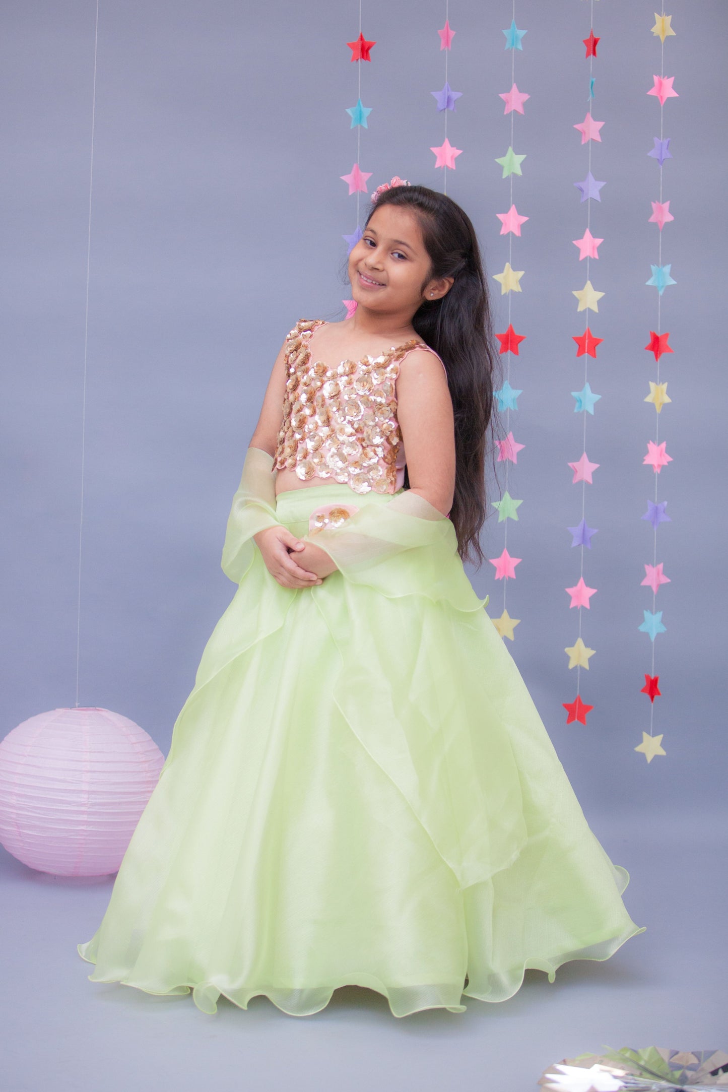 Green Organza Lehenga with 3D Flowers Choli Organza Dupatta for Girls