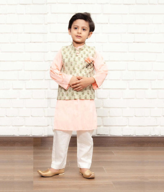 Green Printed Jacket with Peach Kurta Off White Pant for Boys