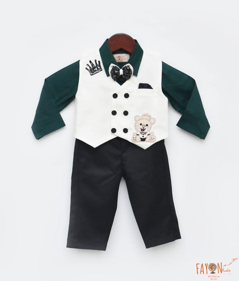 Green Shirt Off white Waist Coat Pant for Boys
