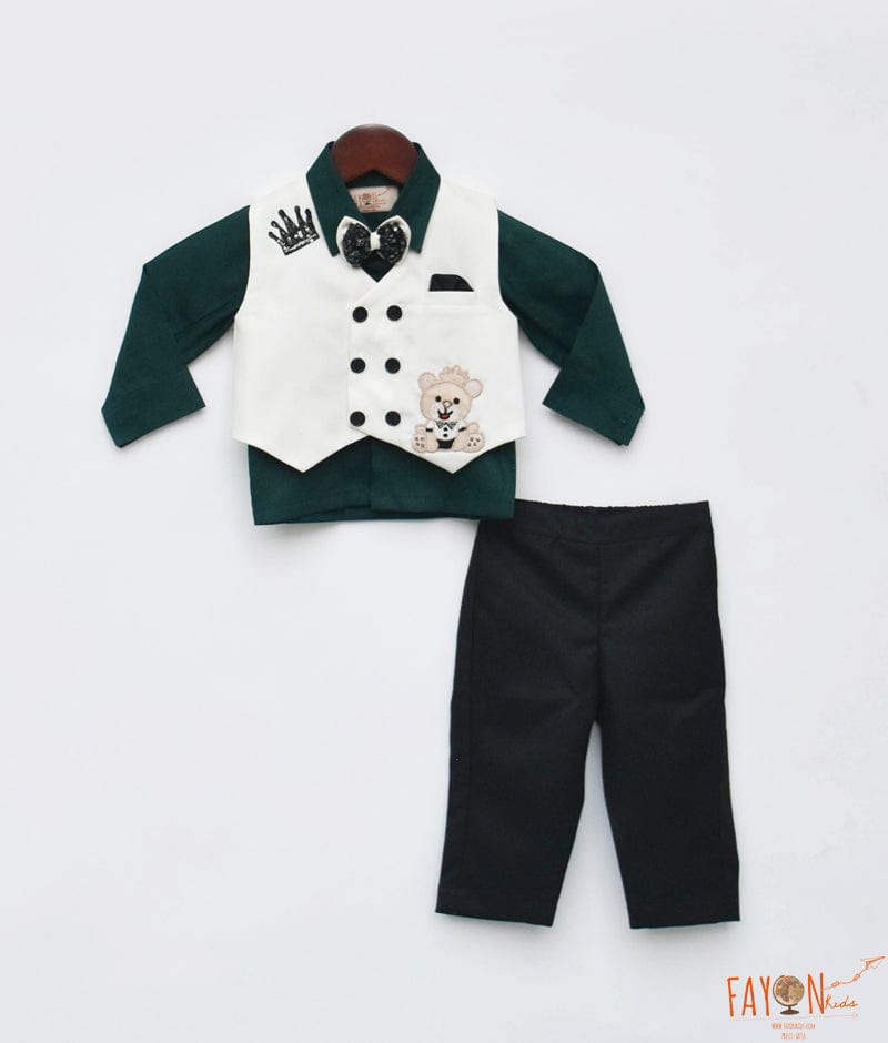 Green Shirt Off white Waist Coat Pant for Boys