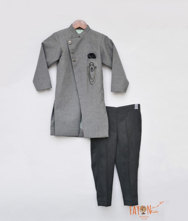 Grey Achkan with Black Pant for Boys