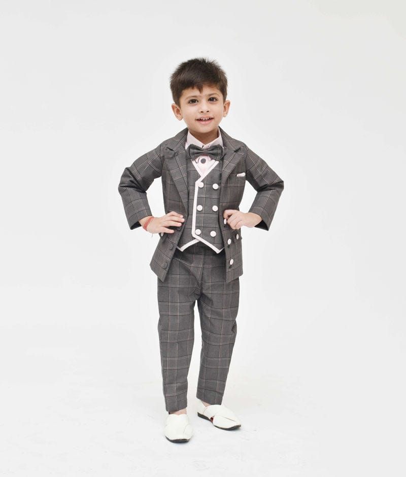 Grey Check Coat with Pink Shirt Pant for Boys