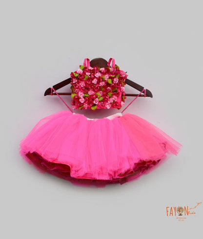 Hot Pink 3D Flowers Top with Tutu Skirt for Girls