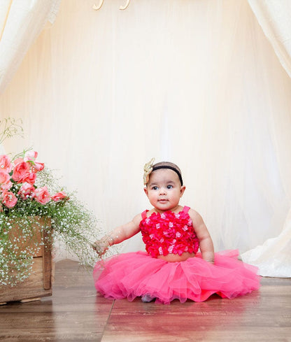 Hot Pink 3D Flowers Top with Tutu Skirt for Girls