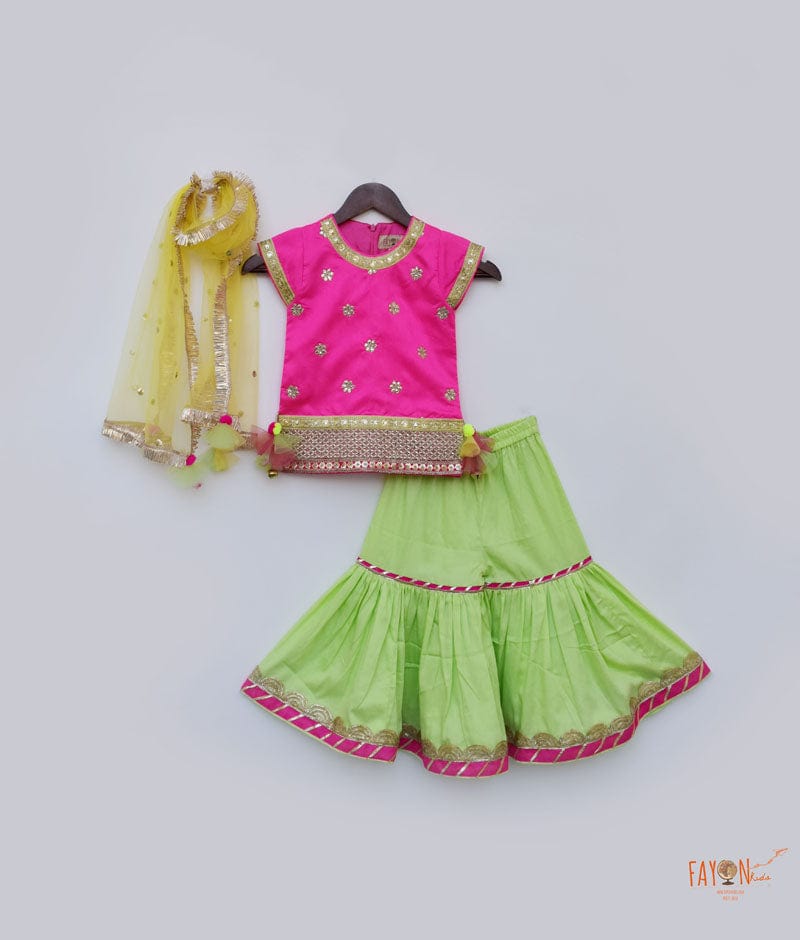 Hot Pink Dupion Silk Green Cotton Silk Sharara with Kurti Boti Net Dupatta for Girls