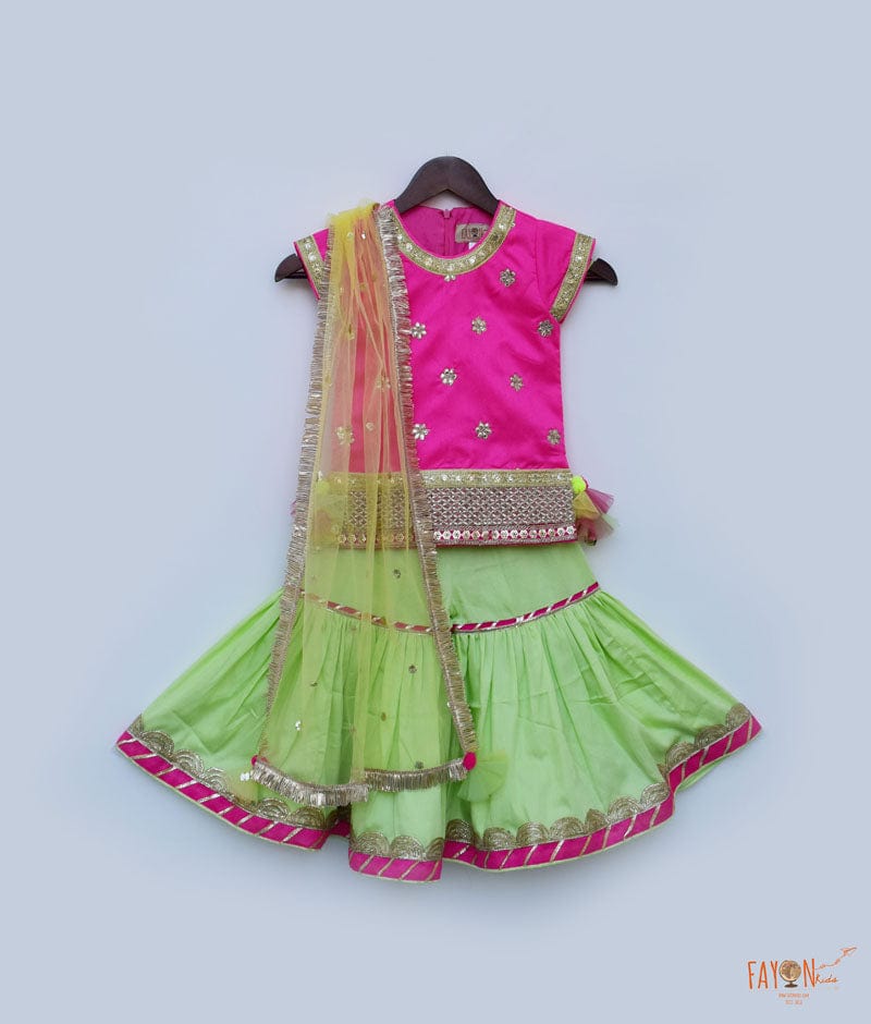 Hot Pink Dupion Silk Green Cotton Silk Sharara with Kurti Boti Net Dupatta for Girls