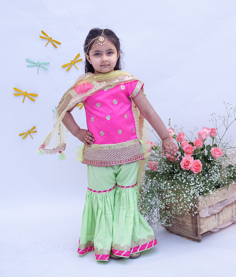 Hot Pink Dupion Silk Green Cotton Silk Sharara with Kurti Boti Net Dupatta for Girls