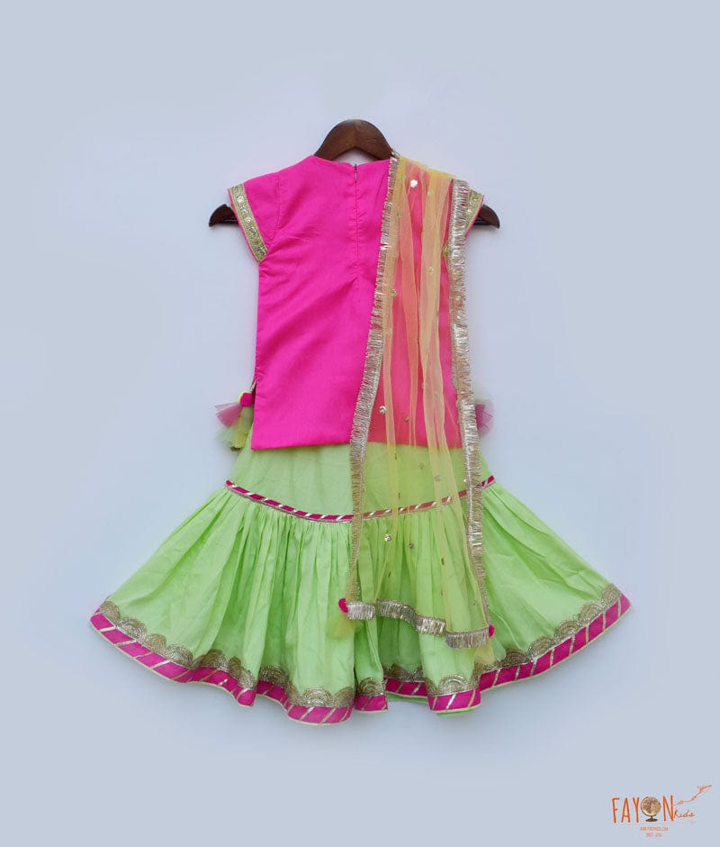 Hot Pink Dupion Silk Green Cotton Silk Sharara with Kurti Boti Net Dupatta for Girls