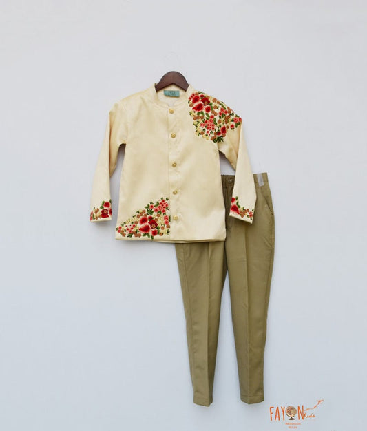 Ivory Embroidery Bandgala with Beige Pant for Boys