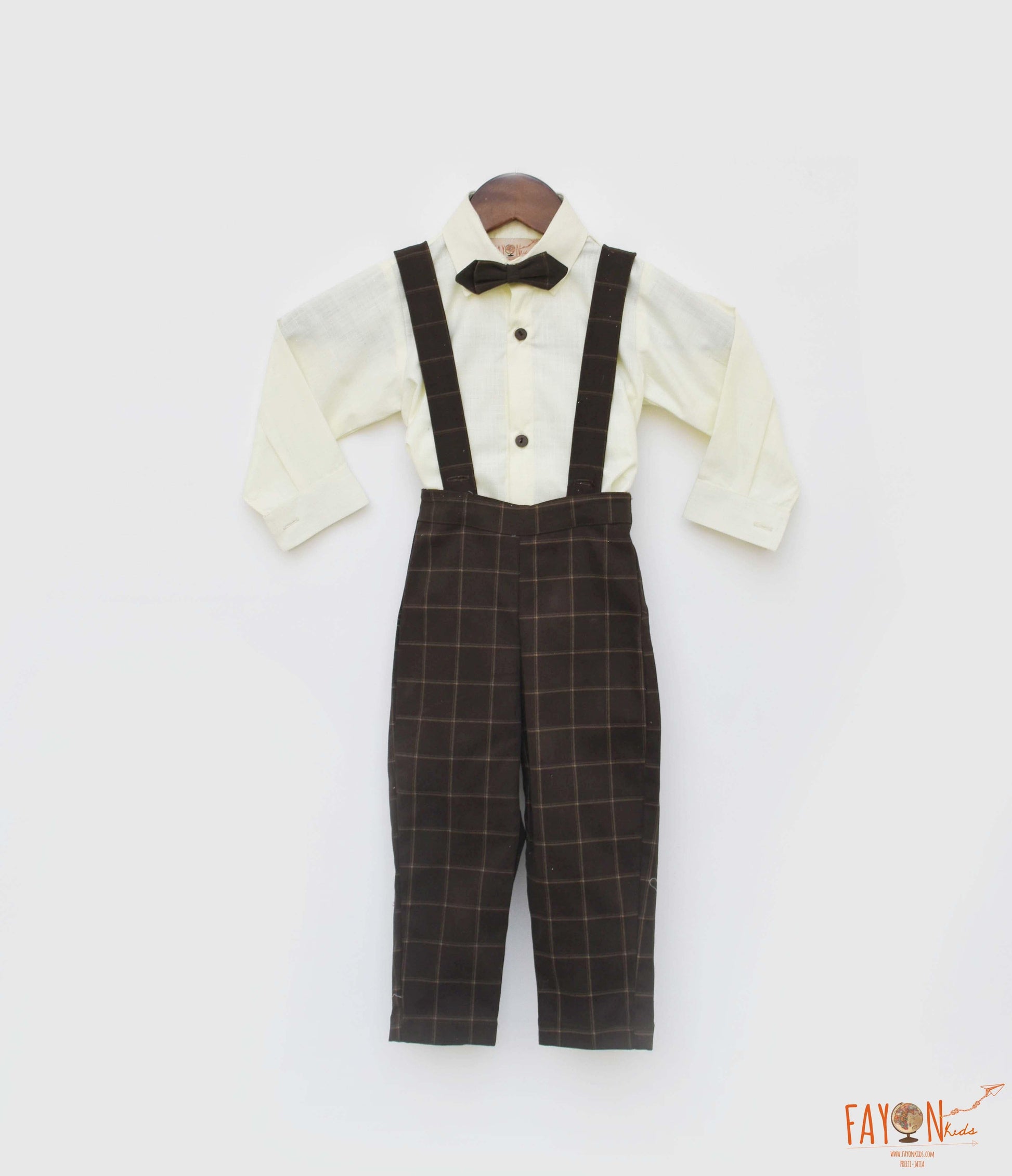 Lemon Yellow Shirt with Brown Checks Pant for Boys
