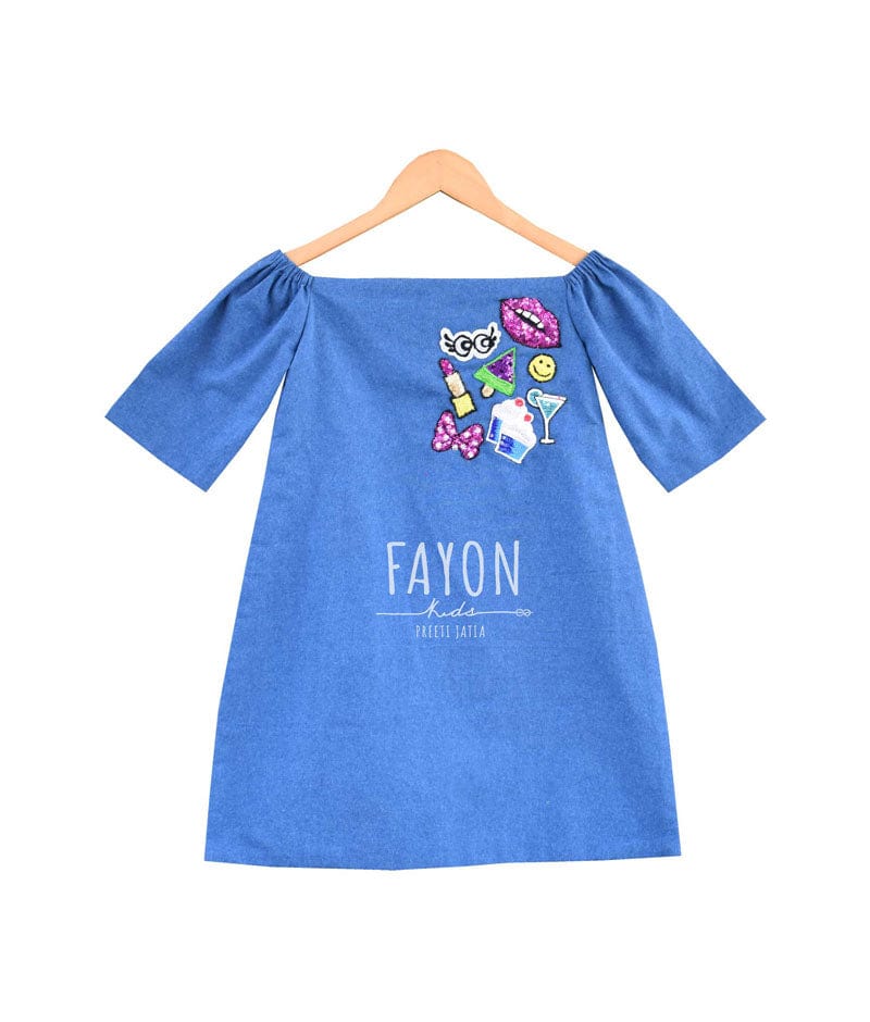 Light Blue Demin Dress with Funky Embroidery for Girls