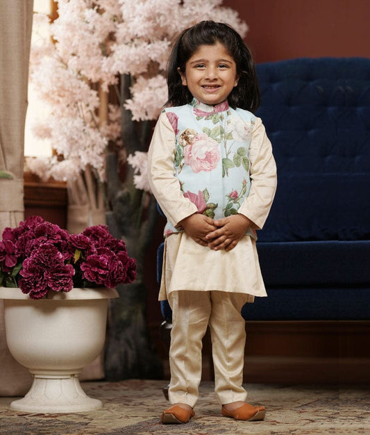 Light Fawn Kurta with Blue Floral Print Jacket Pant for Boys