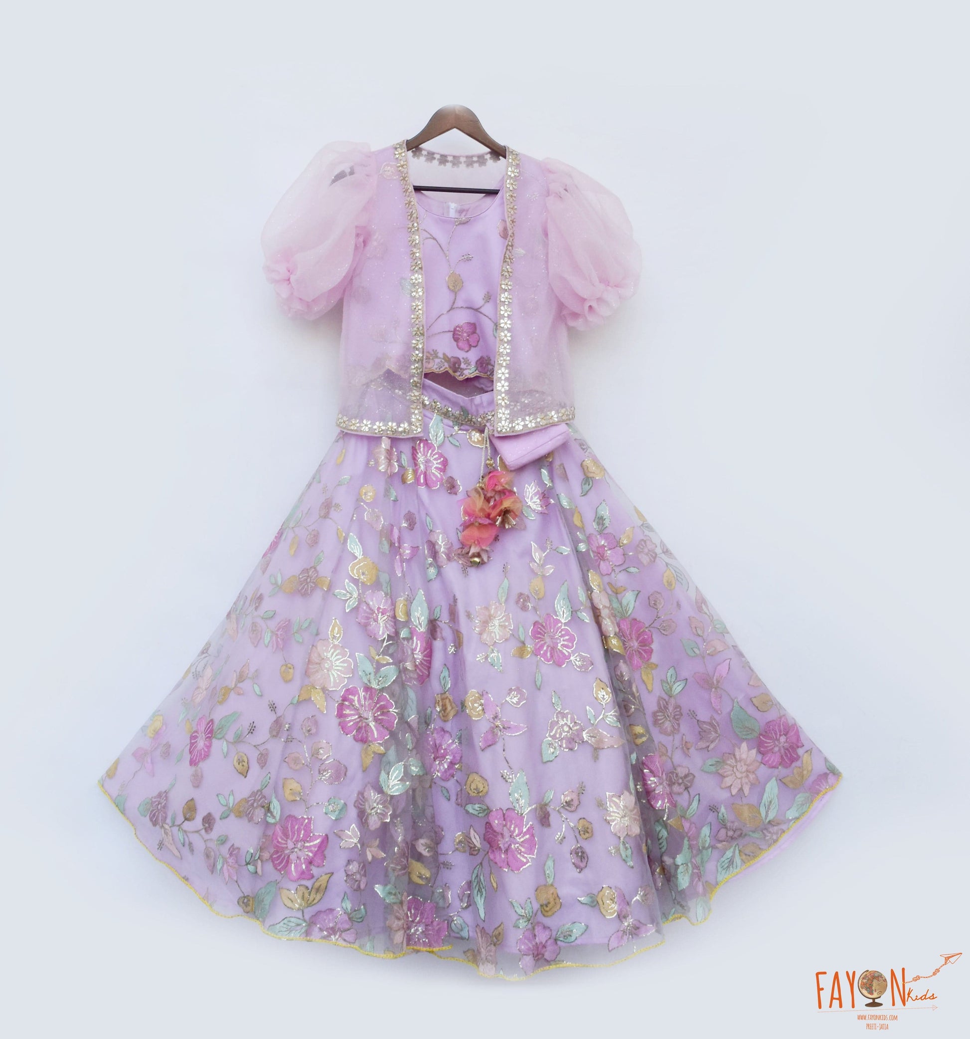 Lilac Net Embroidery Lehenga with Choli Organza Jacket for Girls