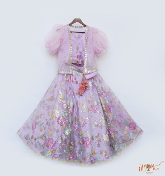 Lilac Net Embroidery Lehenga with Choli Organza Jacket for Girls