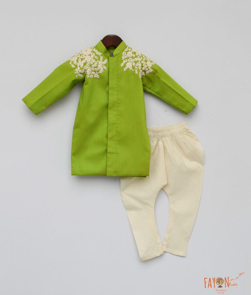 Lime Green Embroidery Achkan with Chudidar for Boys