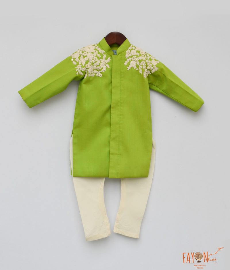 Lime Green Embroidery Achkan with Chudidar for Boys