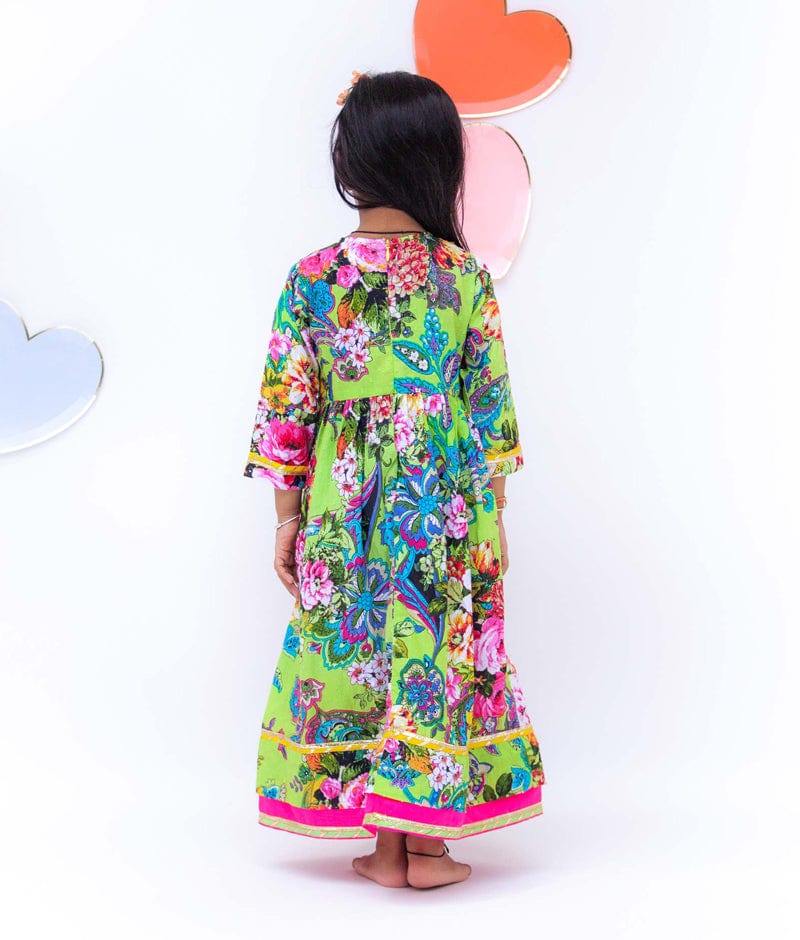 Lime Green Printed Anarkali for Girls