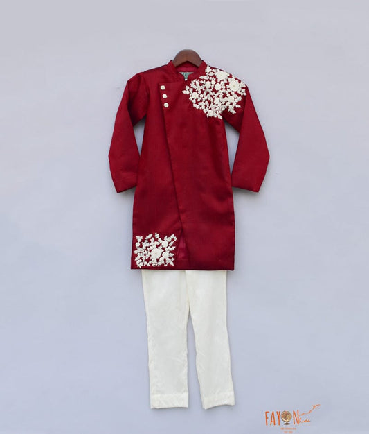 Maroon Embroidery Achkan with Chudidar for Boys