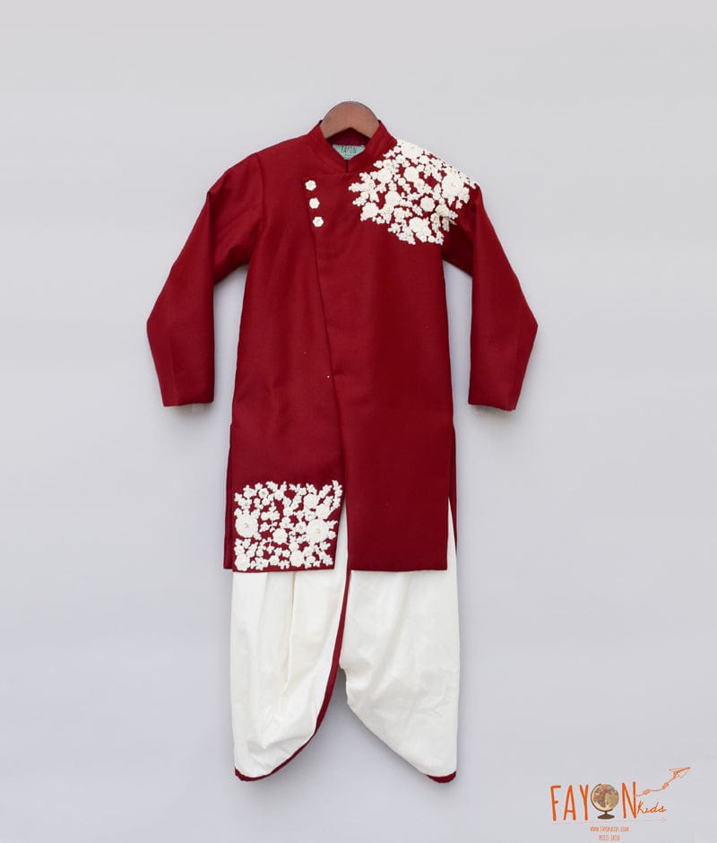 Maroon Embroidery Achkan with Dhoti for Boys