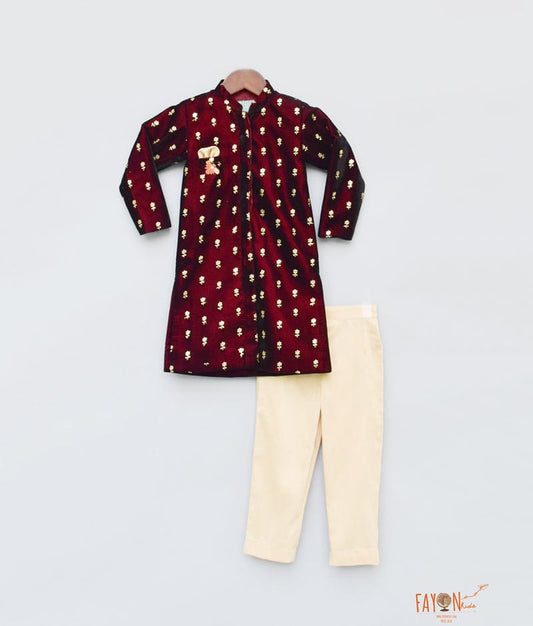 Maroon Velvet Achkan with Pant for Boys