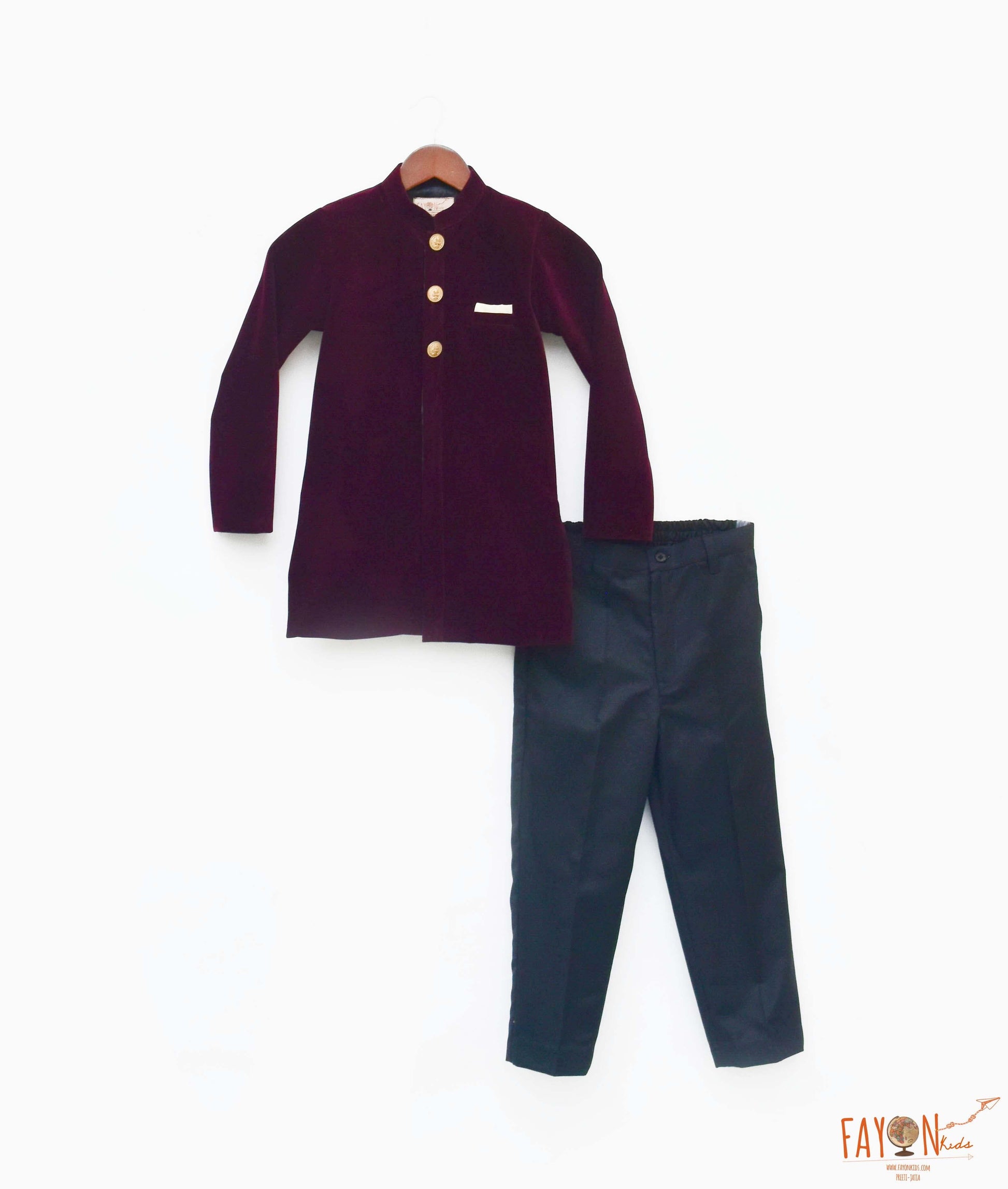 Maroon Velvet Bandgala with Black Pant for Boys