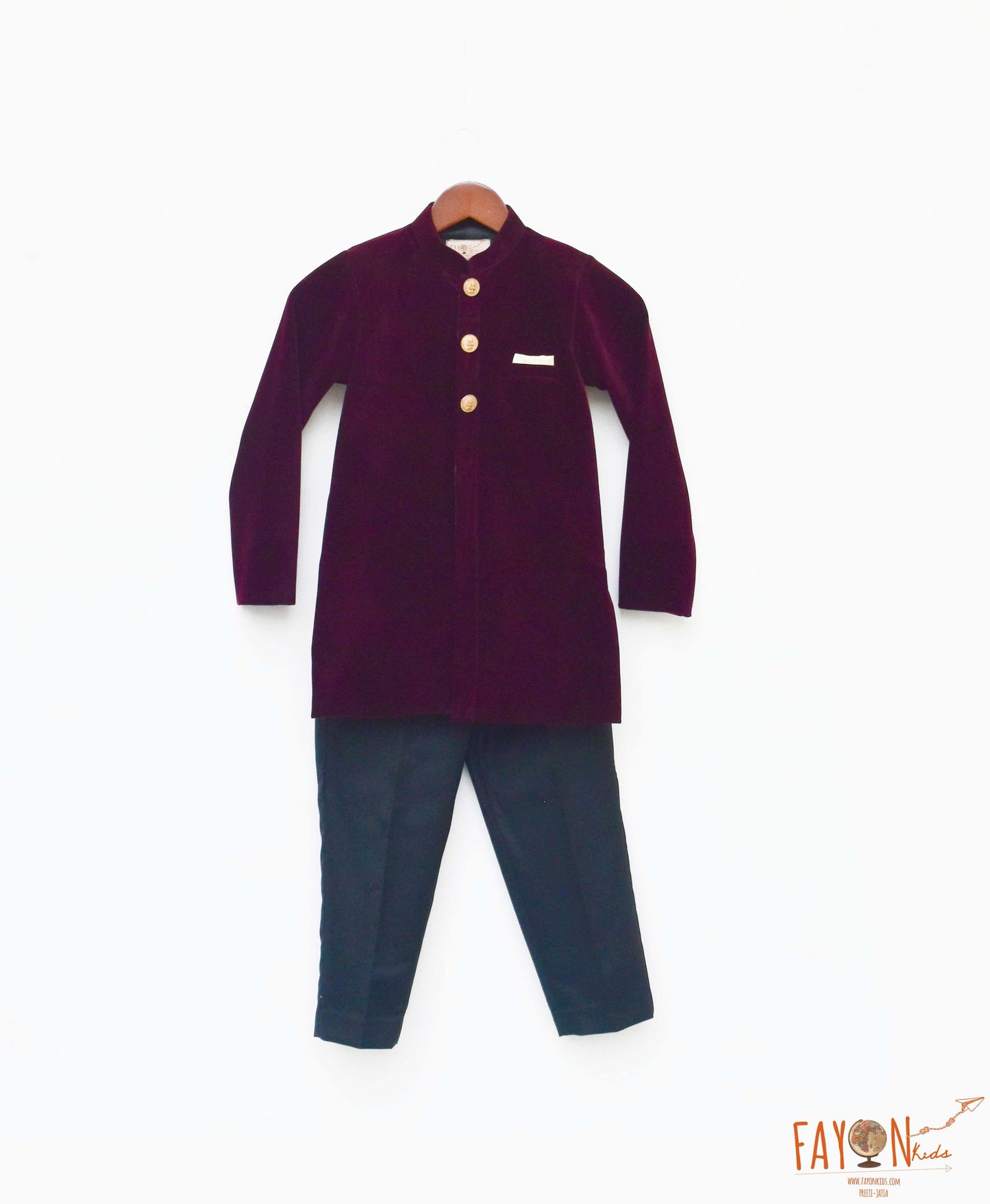 Maroon Velvet Bandgala with Black Pant for Boys