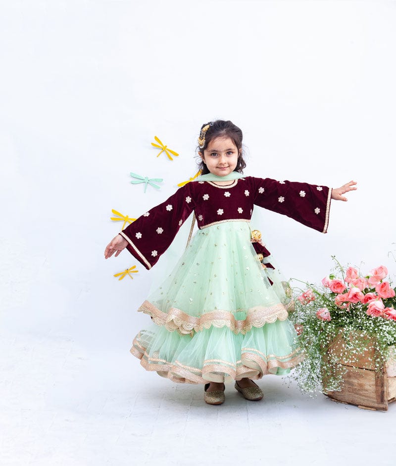 Maroon Velvet Pista Green Net Anarkali with Net Dupatta for Girls
