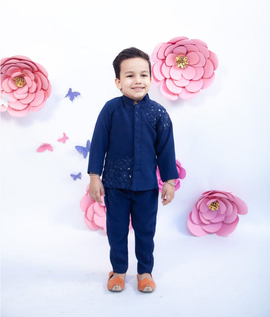 Midnight Blue Embroidery Achkan with Trouser for Boys