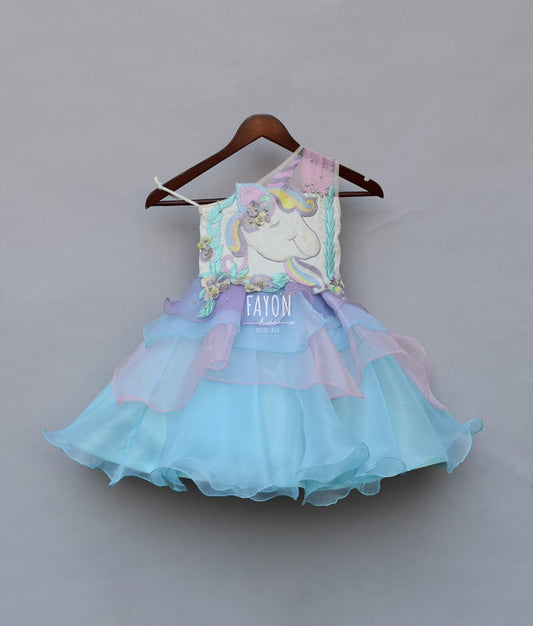 Multi Colour Organza Unicorn Frock for Girls
