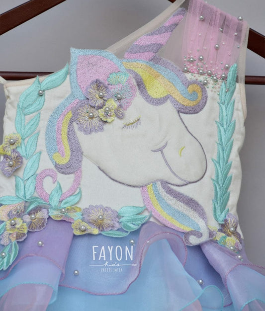 Multi Colour Organza Unicorn Frock for Girls