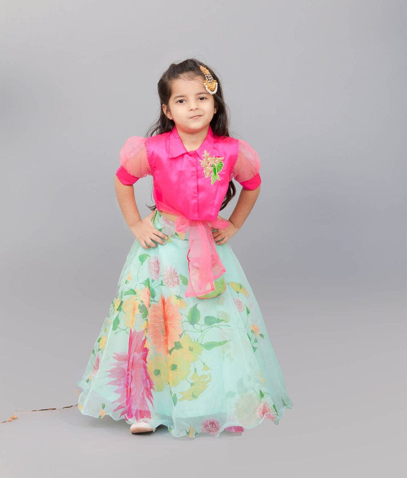 Neon Pink Acqua Printed Lehenga with Knotted Top for Girls