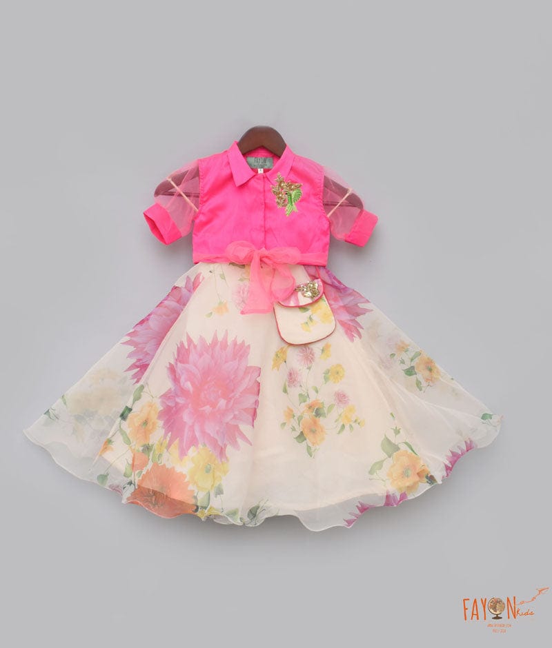 Neon Pink Ivory Printed Lehenga with Knotted Top for Girls