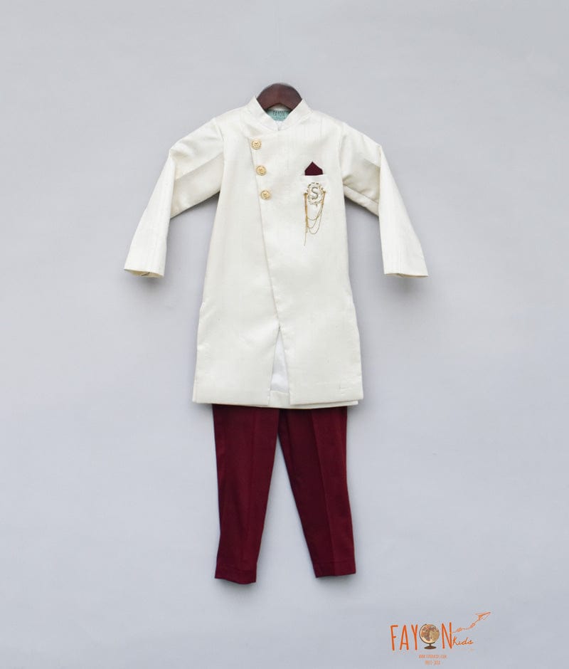 Off white Achkan with Maroon Pant for Boys