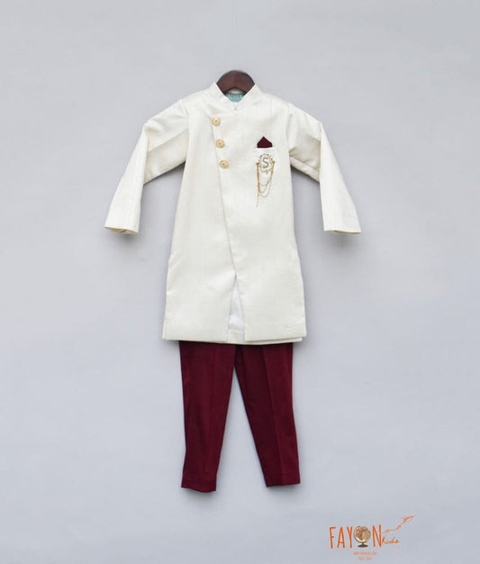 Off white Achkan with Maroon Pant for Boys