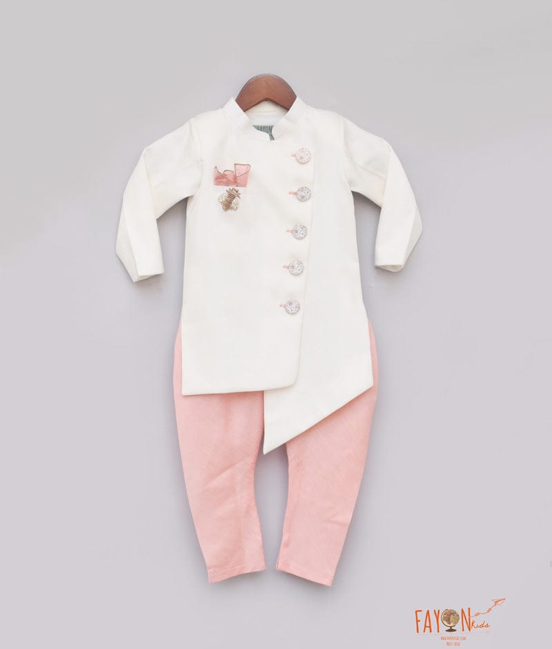 Off white Achkan with Peach Chudidar for Boys