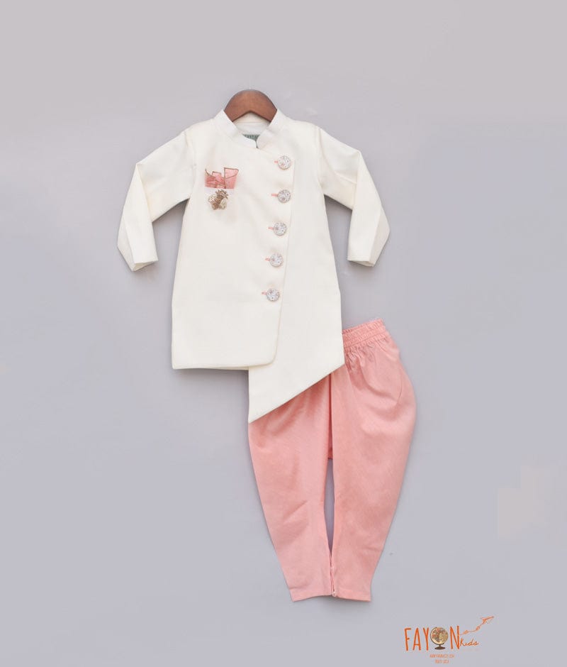 Off white Achkan with Peach Chudidar for Boys